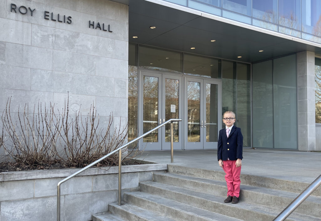 Thomas Brinton in front of Roy Ellis Hall getting ready to perform in the IPPA Midwest Region finals.